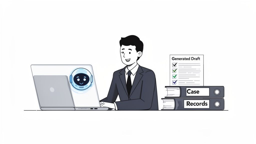 A man uses a laptop with an AI assistant to generate a legal draft from case records.