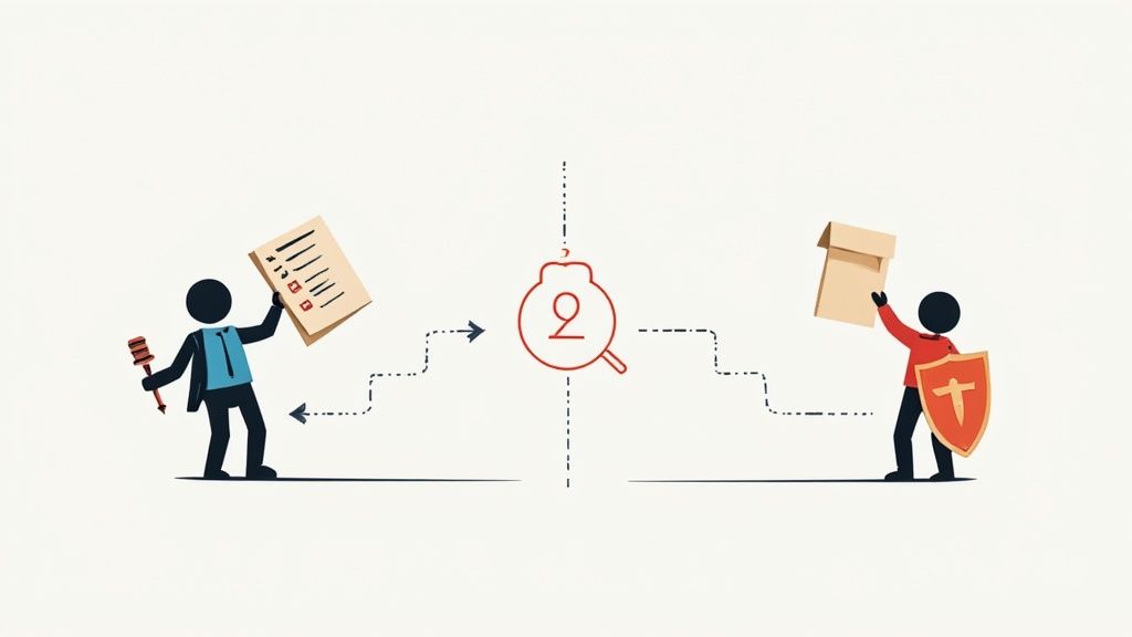 Illustration showing legal compliance and protection, connected by a review process symbol.