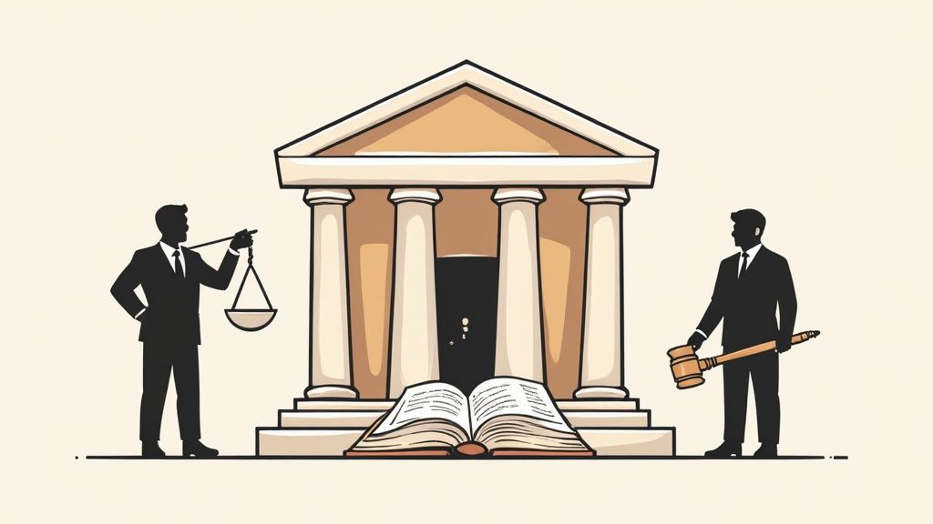 A stack of law books with a gavel resting on top, signifying the legal framework.