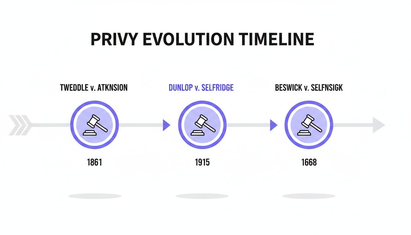 A legal timeline illustrating the evolution of privy with three key court cases and their years.