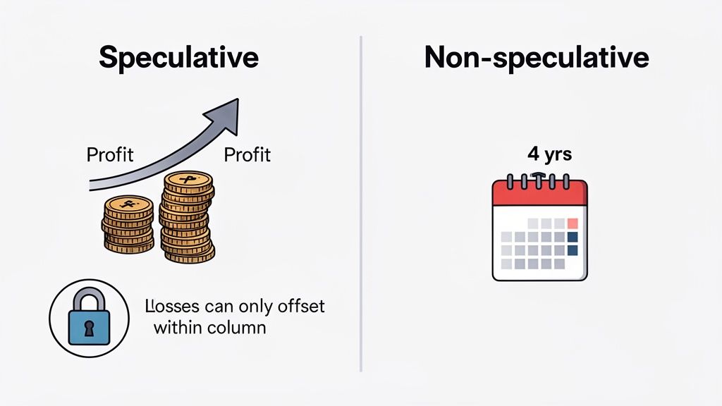 Comparison of speculative and non-speculative activities, showing profit, loss rules, and a 4-year term.