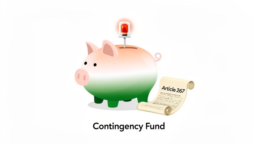 Indian flag colored piggy bank with emergency light, scroll 'Article 267', representing Contingency Fund.
