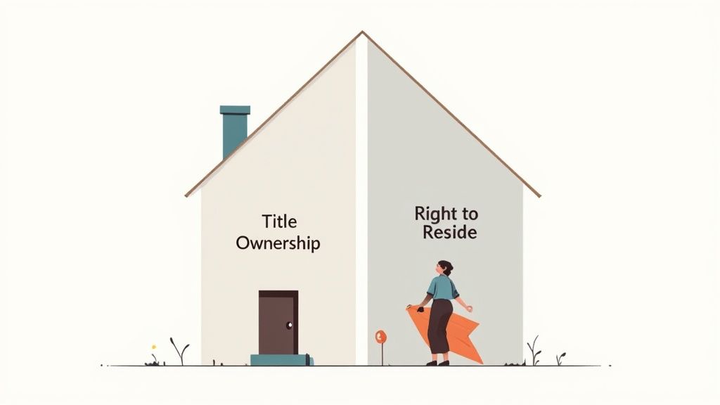 Illustration of a house divided into 'Title Ownership' and 'Right to Reside', differentiating legal possession from living rights.