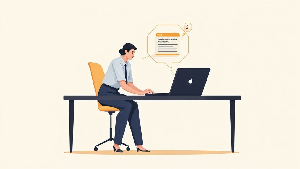 An illustration shows a professional woman typing on a laptop at her desk, with a digital document icon.