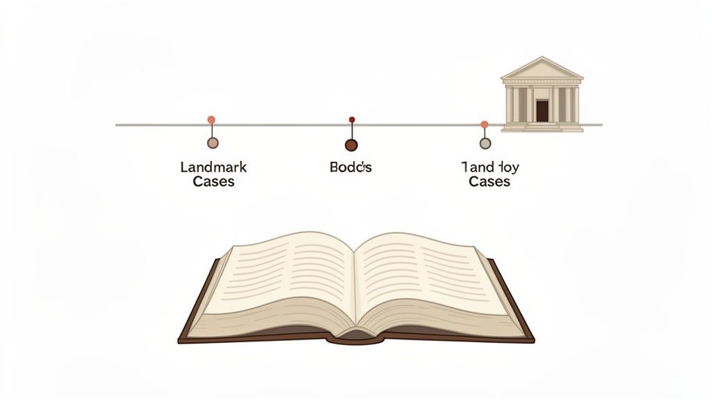 A legal timeline depicting Landmark Cases, Bodd's, and Land and Joy Cases, alongside a courthouse and open book.