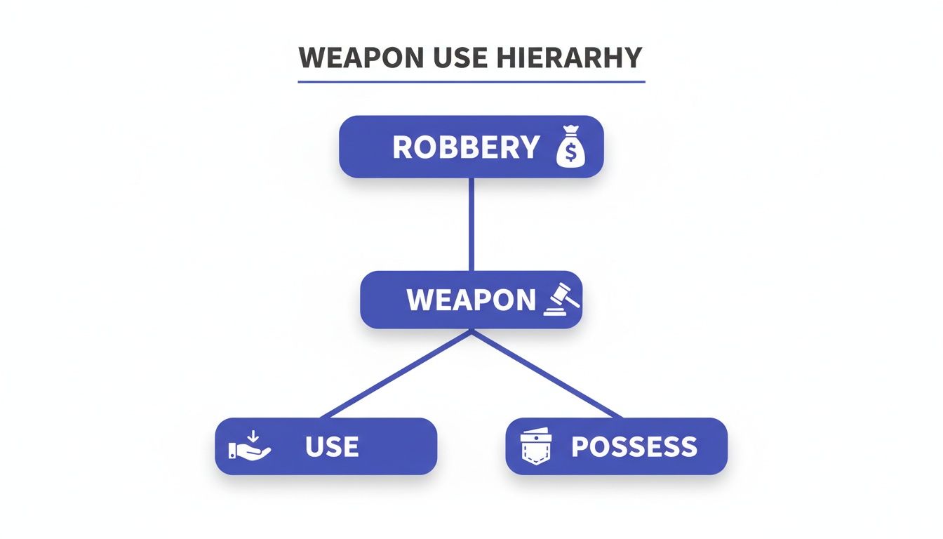 A hierarchy chart titled 'Weapon Use Hierarchy' showing Robbery leading to Weapon, then branching to Use and Possess.