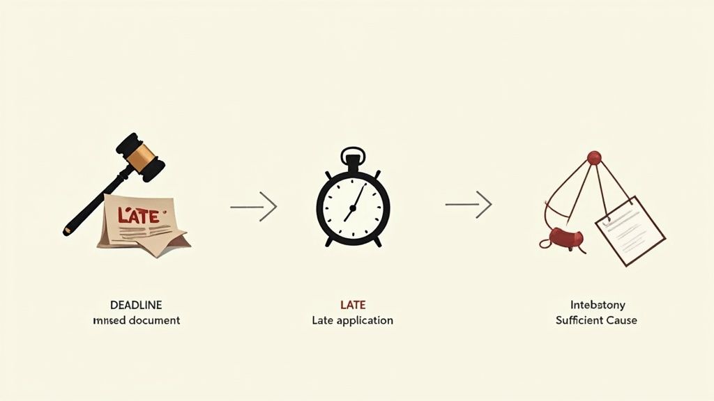 A visual flow illustrating a legal process from missed document deadlines to late application and sufficient cause consideration.