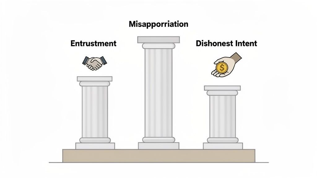 A diagram with three pillars illustrating misappropriation, showing entrustment, and dishonest intent.