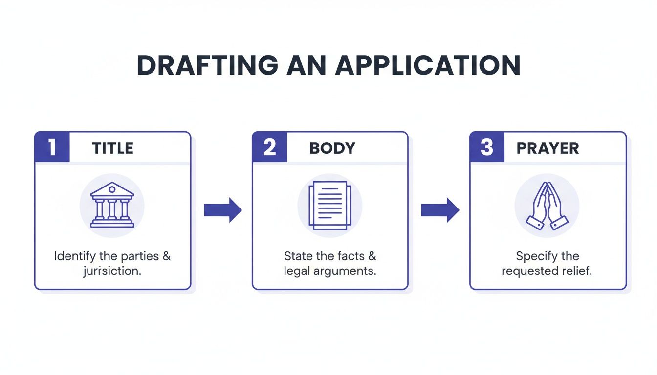 Flowchart illustrating three steps for drafting a legal application: Title, Body, and Prayer for relief.