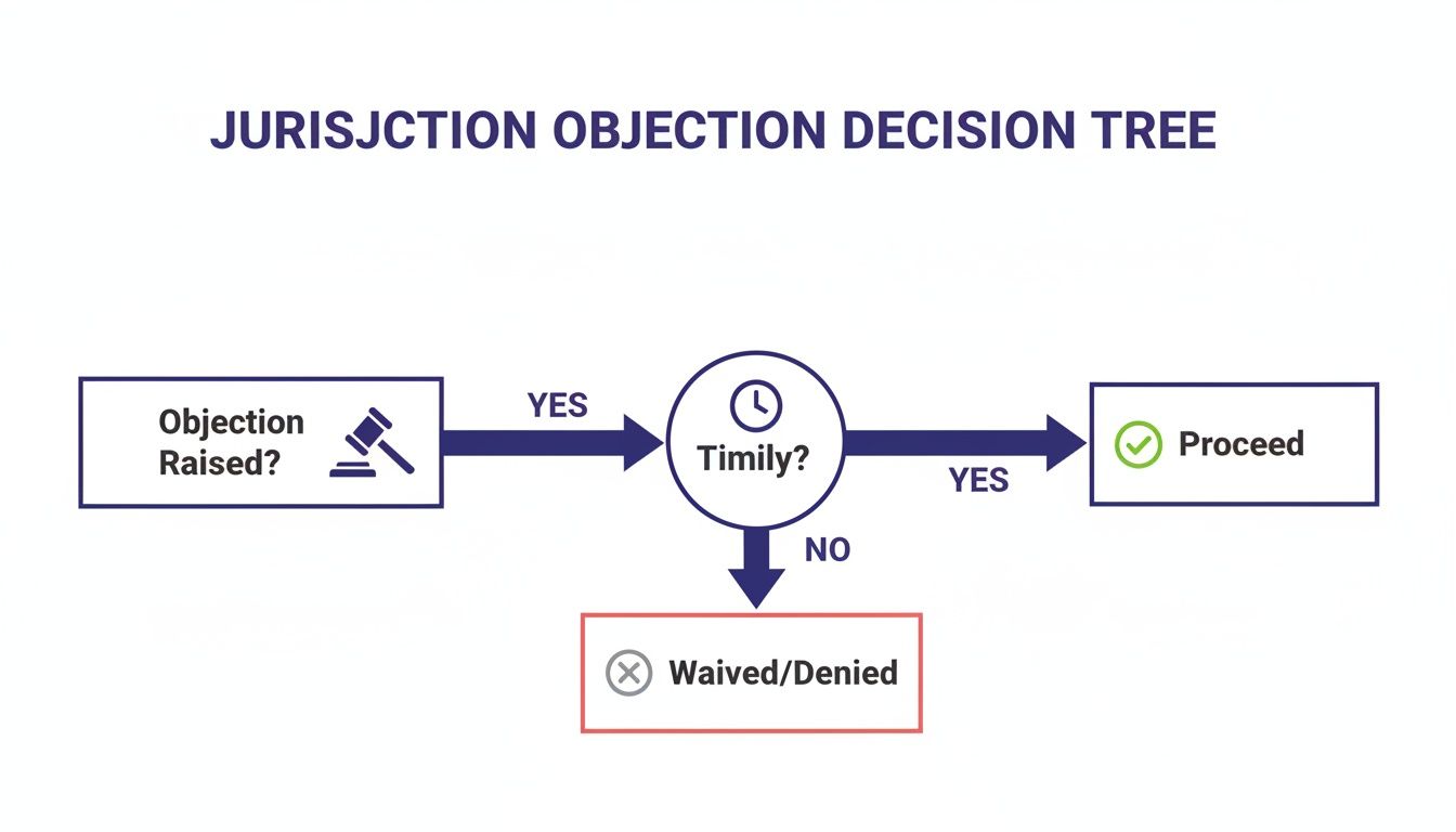 A legal decision tree flowchart titled 'Jurisdiction Objection Decision Tree' showing the process.