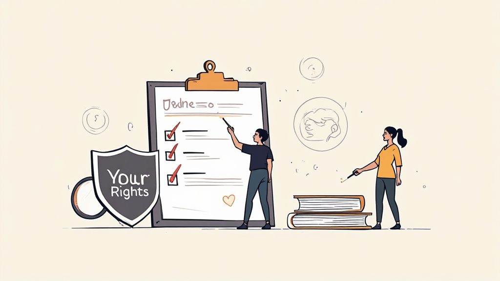 Illustration of individuals reviewing a legal checklist with a 'Your Rights' shield and books.