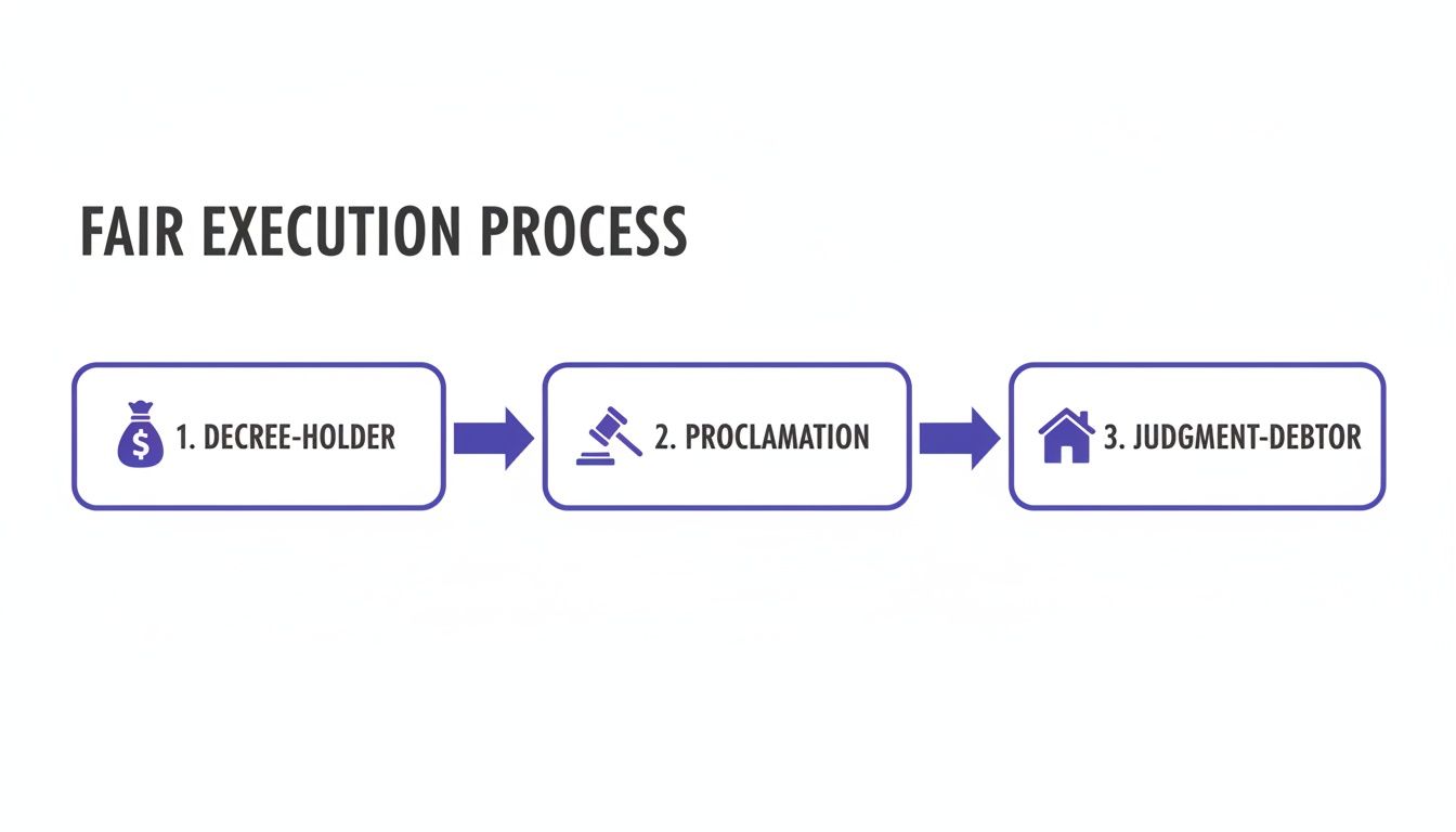 Flowchart illustrating the fair execution process, moving from decree-holder to proclamation and then to judgment-debtor.