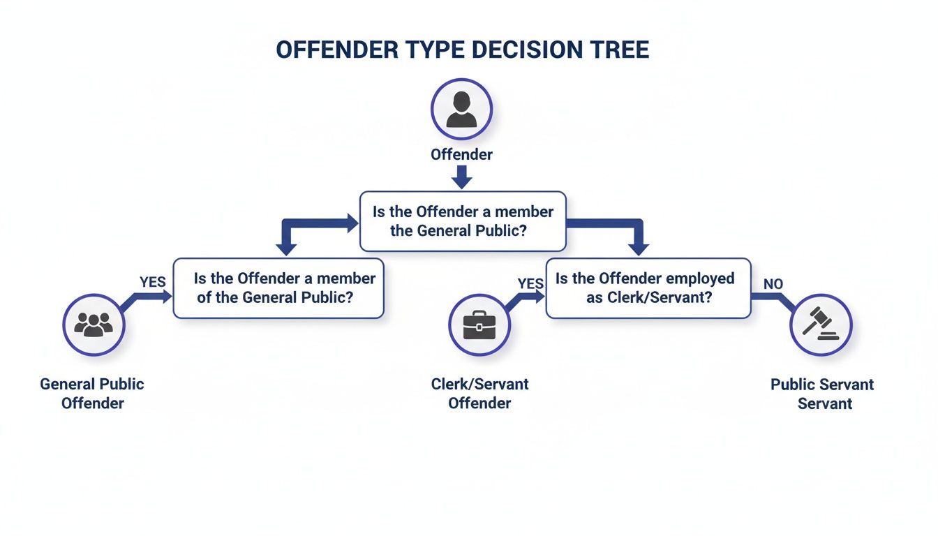 Decision tree flowchart classifying offender types: General Public, Clerk/Servant, or Public Servant based on questions.