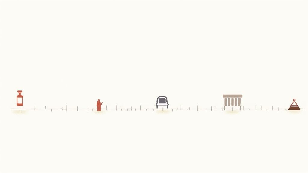 A minimalist timeline graphic showing a bottle, fire hydrant, chair, building, and weight.
