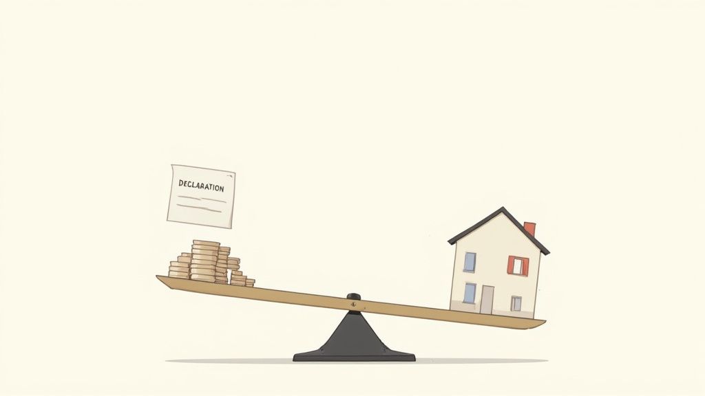 A balance scale shows money and a 'DECLARATION' document outweighing a house on the other side.