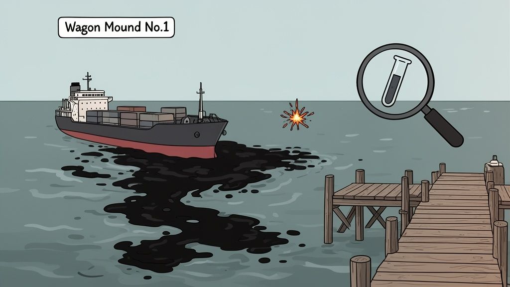 A cargo ship named 'Wagon Mound No.1' spills black oil into the sea next to a wooden pier.