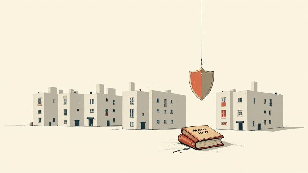 Minimalist illustration showing white apartment buildings, books labeled 'MORA 1055', and a dangling shield.