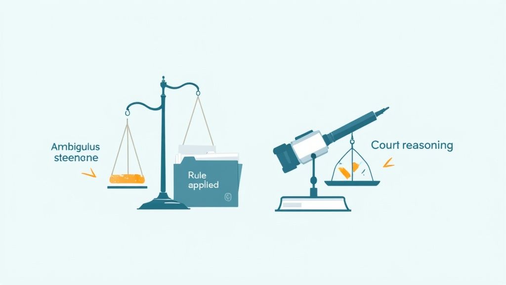 Two scales illustrating legal interpretation, balancing ambiguous concepts, applied rules, and court reasoning.
