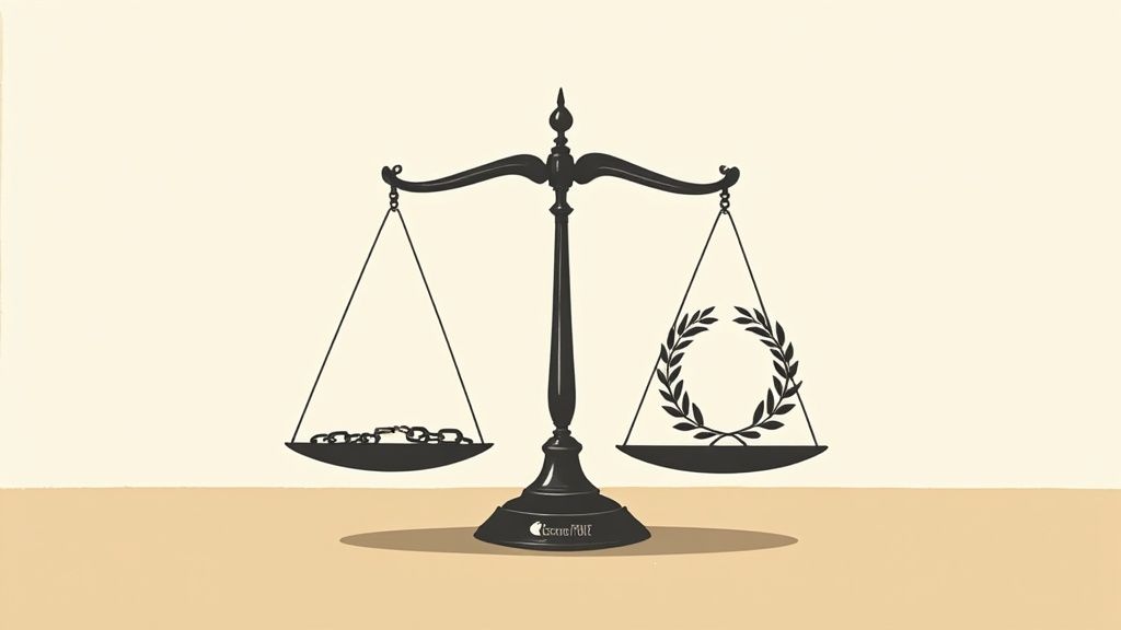 A balance scale with chains and a laurel wreath, representing legal options and justice.
