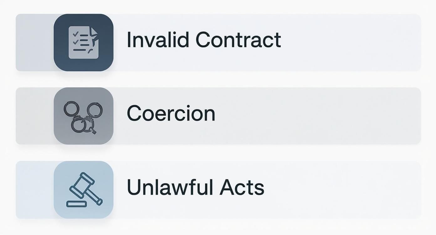 Three icons depicting invalid contract, coercion with handcuffs, and unlawful acts with gavel symbol