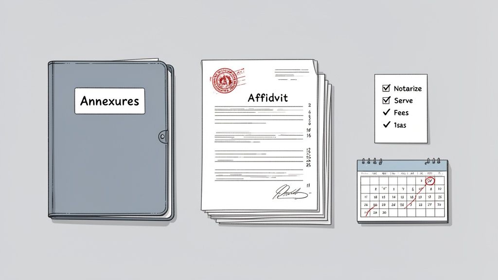 A desk with legal documents, including an annexures binder, affidavit, checklist, and a calendar.