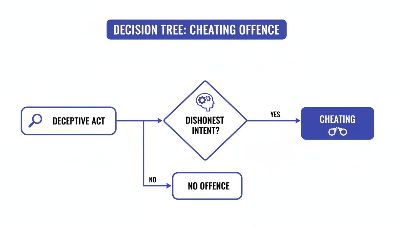 Flowchart illustrating the decision tree for a cheating offense, linking a deceptive act with dishonest intent to cheating.