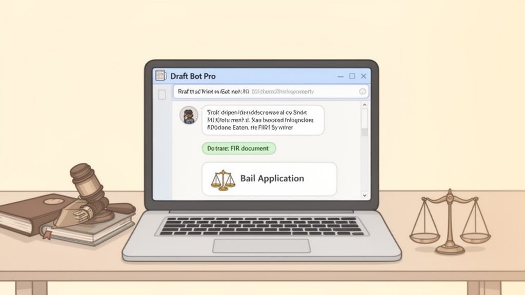 A laptop displays legal documents and applications, surrounded by law books and scales of justice.