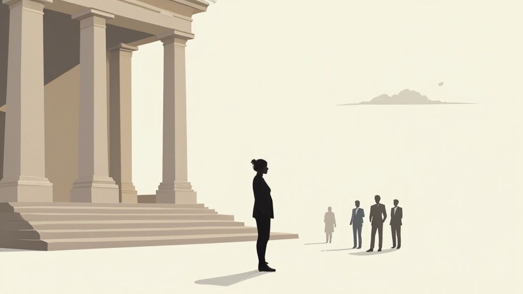 Silhouetted woman faces men near a classical building, depicting a legal or social context.