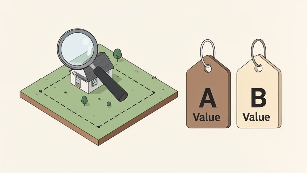 An illustration shows a house being inspected by a magnifying glass, with two tags indicating 'A Value' and 'B Value'.