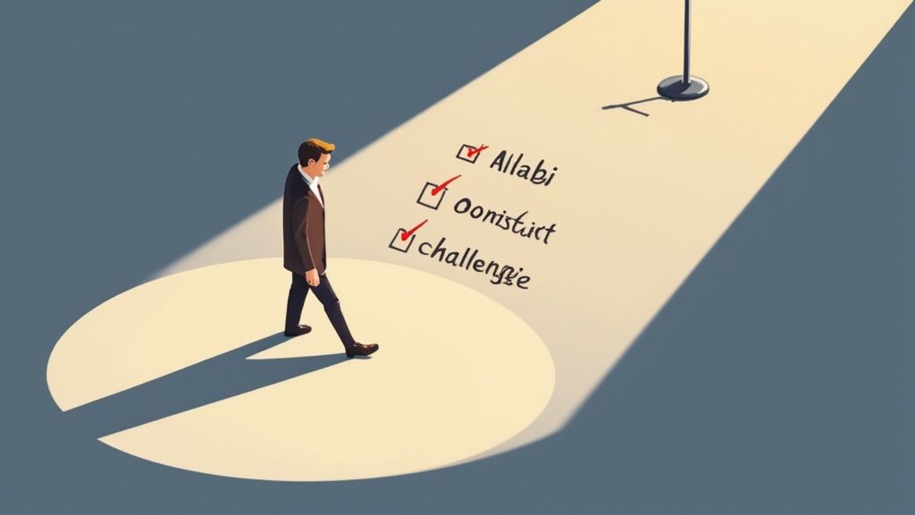 A man in a spotlight walks past a completed checklist with various items, symbolizing achievement.