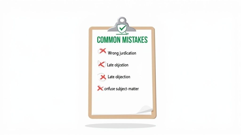 A clipboard checklist illustrating common legal mistakes, including wrong jurisdiction and late objection.