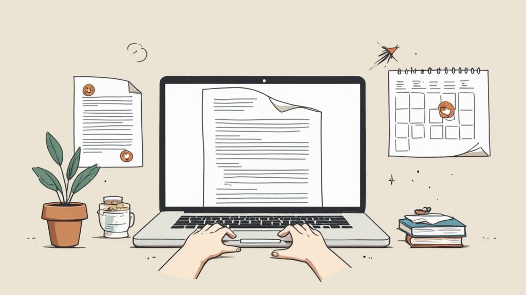 An illustration of a person typing on a laptop with documents, a plant, and a calendar on a desk.