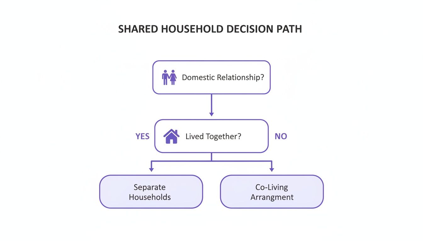 A flowchart illustrates shared household decision path based on domestic relationship and living together status.