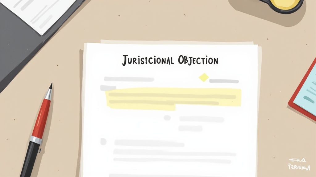 A legal document titled 'Jurisdictional Objection' lies on a desk, next to a pen and highlighted sections.