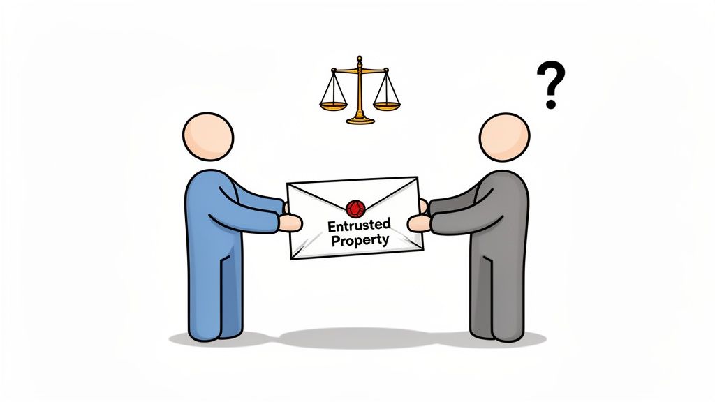 Cartoon of two figures holding an 'Entrusted Property' envelope under scales of justice, one questioning.