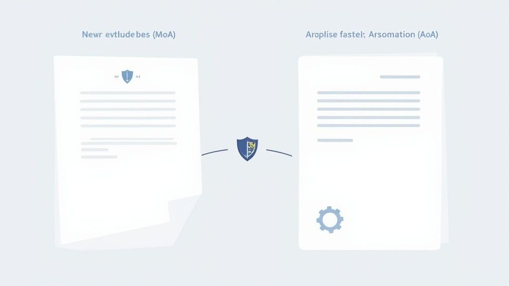 Illustration depicting two legal documents, Memorandum of Association (MoA) and Articles of Association (AoA), linked by a shield icon.