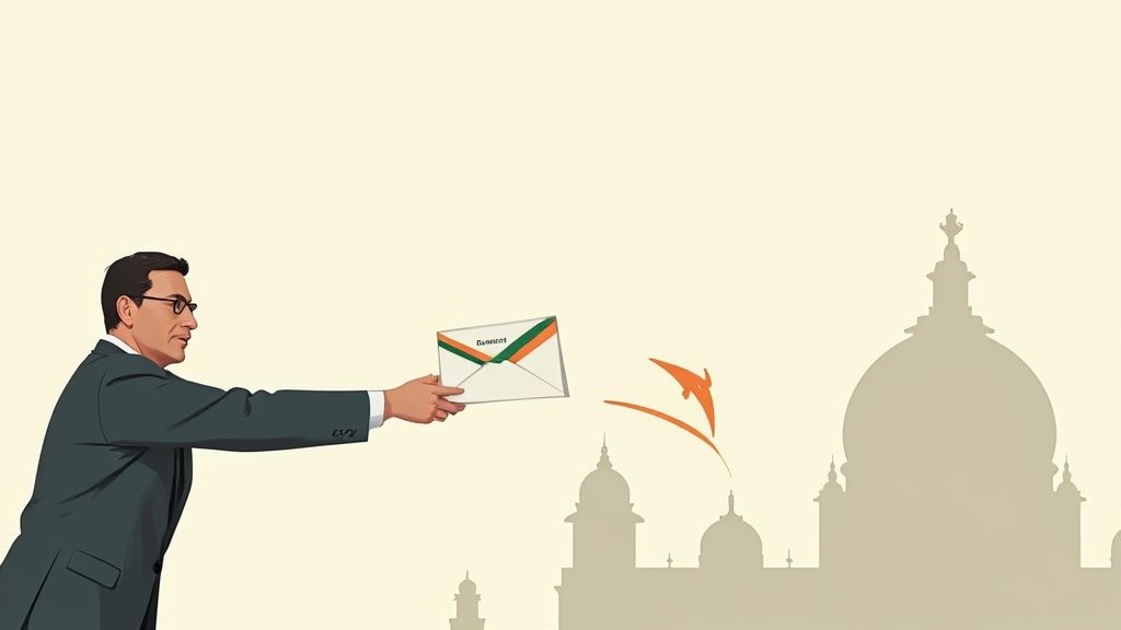 Businessman in suit holding government envelope with Indian flag and parliament building silhouette background