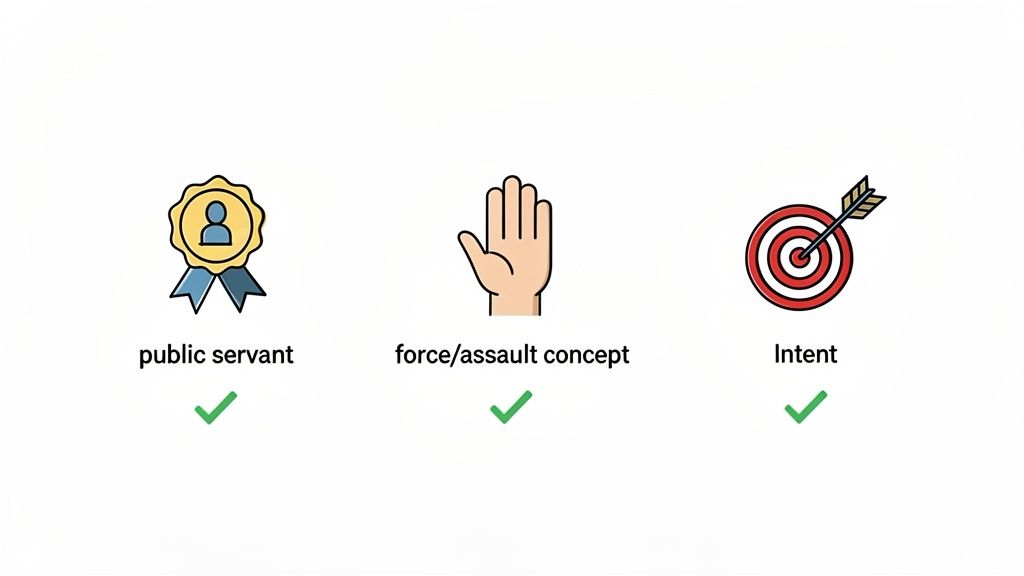Three icons represent public servant, force/assault concept, and intent, all marked with green checkmarks.