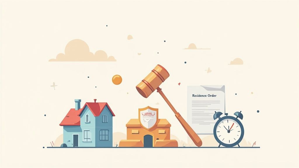 Cartoon illustration of a house, legal building, gavel, residence order document, and an alarm clock.