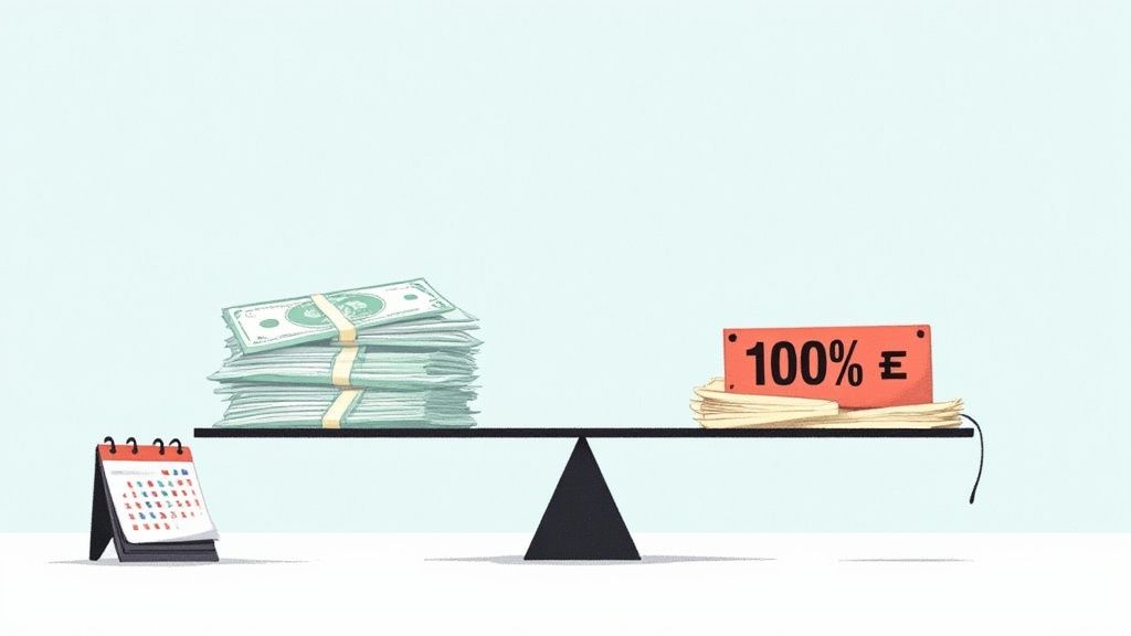 A person looking concerned at a large document with a gavel, representing legal penalties