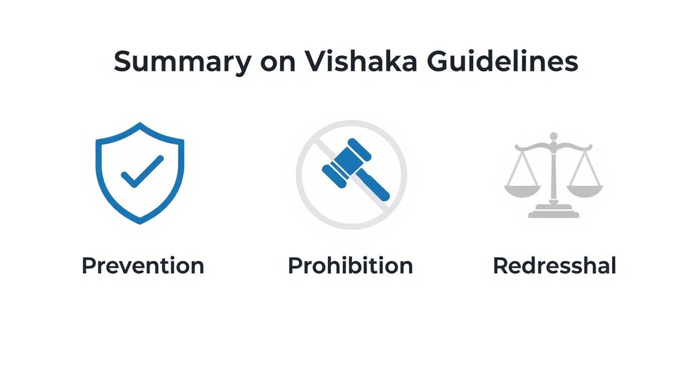 Infographic summarizing the Vishaka Guidelines, showing icons for Prevention, Prohibition, and Redressal.