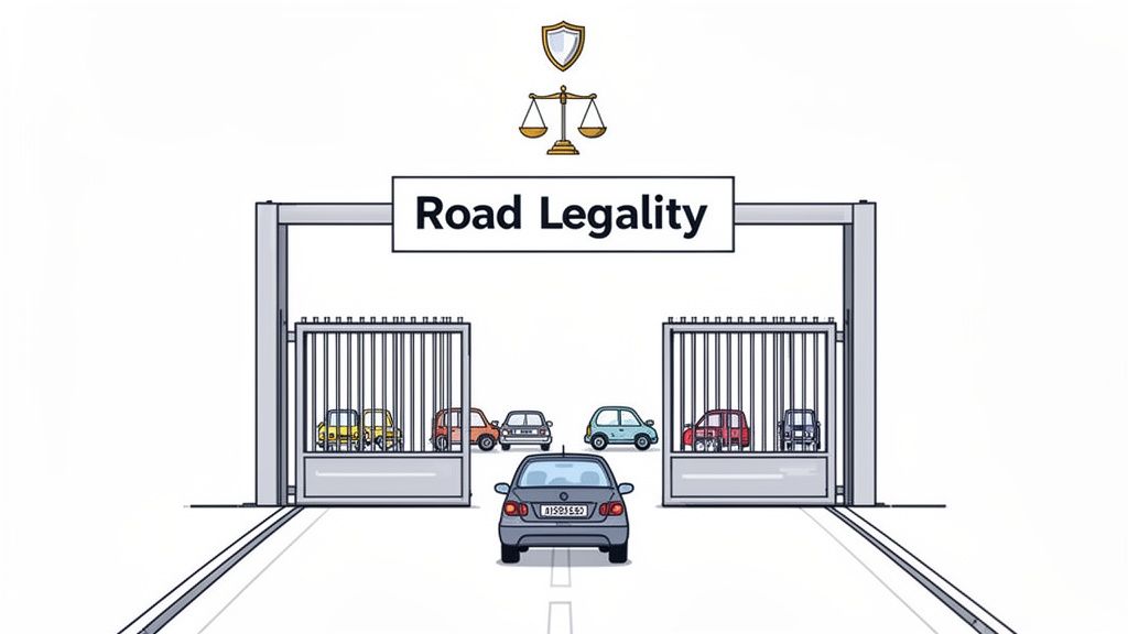 A grey car approaches a 'Road Legality' gate with scales and shield symbols above.