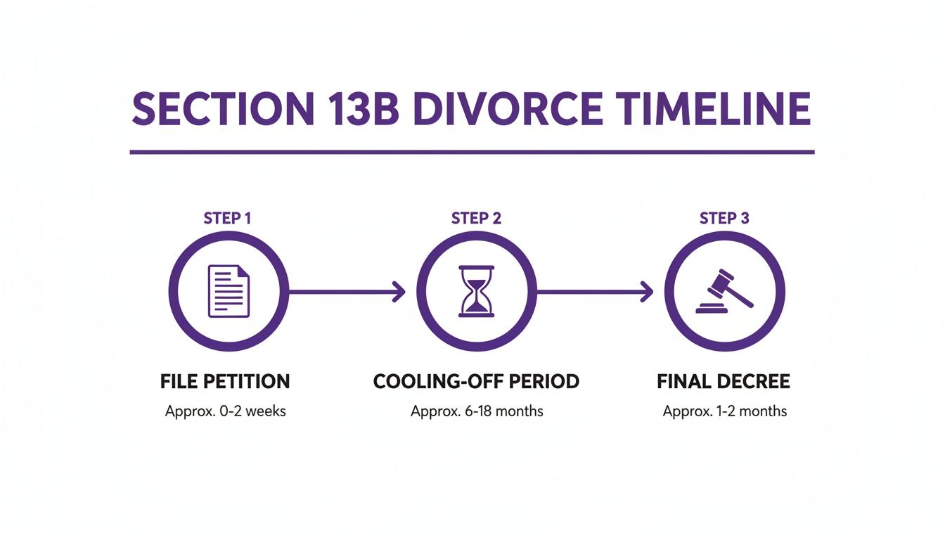 Timeline for Section 13B divorce process outlining steps: file petition, cooling-off period, and final decree.