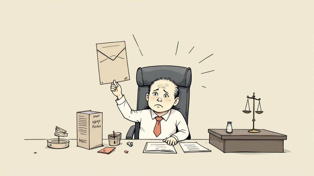 A worried man in a suit holds an envelope, sitting at a desk with papers and a scale of justice.