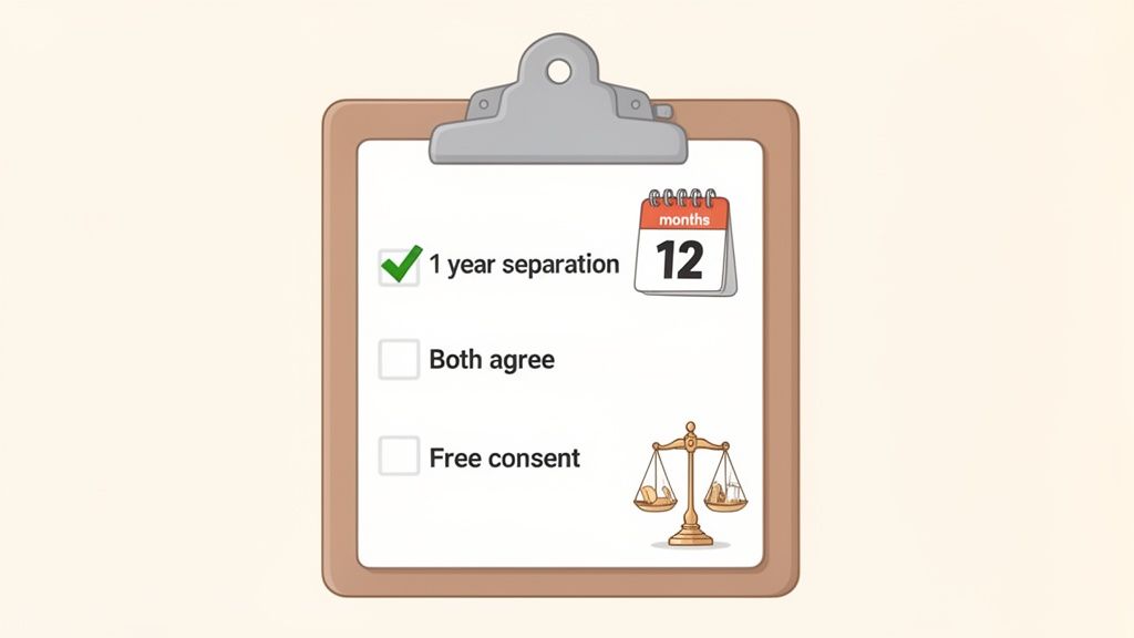 Checklist on clipboard: '1 year separation' checked, 12 months, 'Both agree', 'Free consent', justice scales.