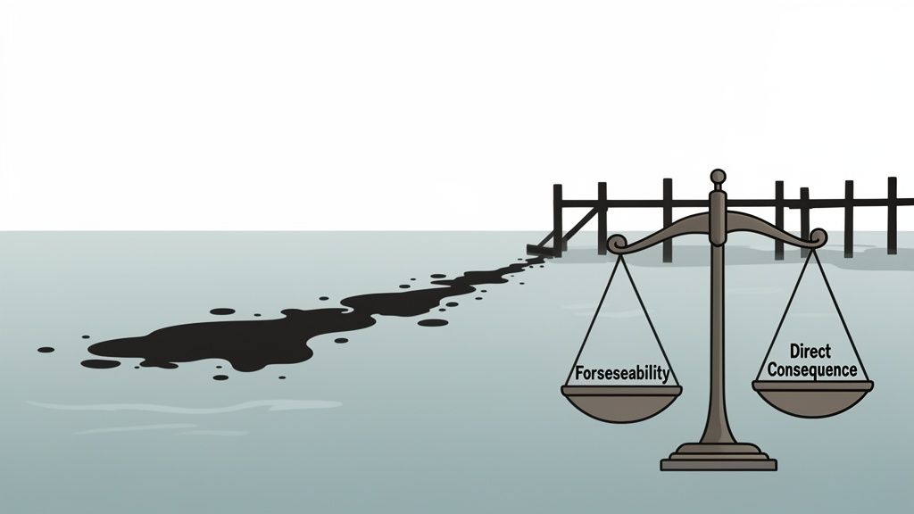 Illustration of a legal scale with foreseeability and direct consequence near an oil spill.