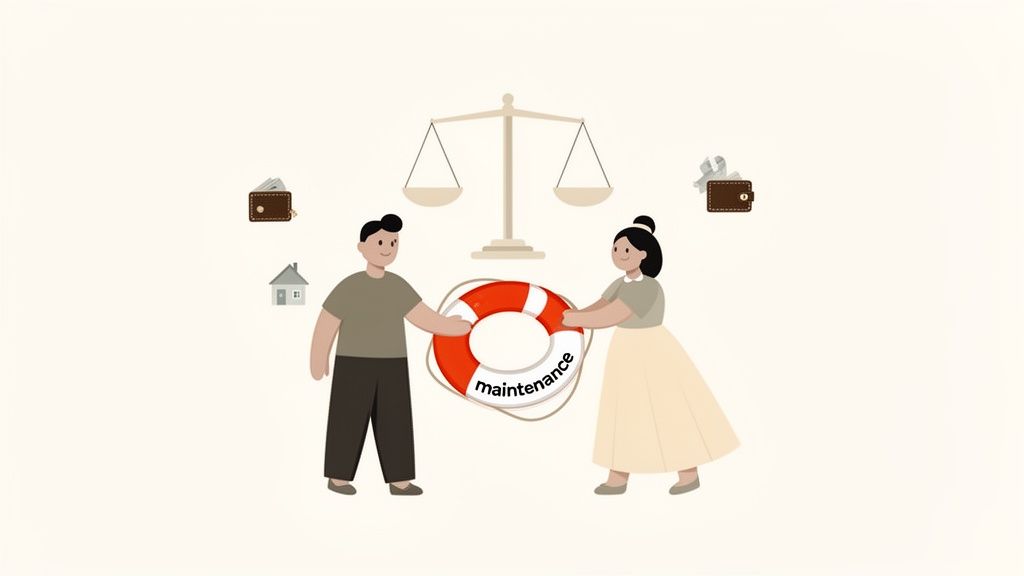 A man and a woman hold a lifebuoy labeled 'maintenance' with scales of justice and financial symbols.