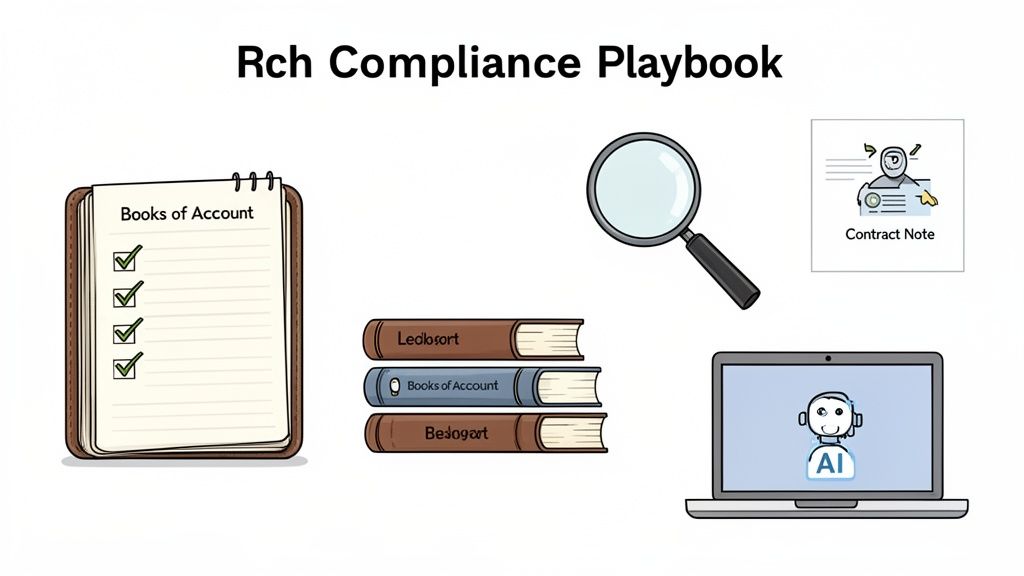 Visual elements of a compliance playbook: books of account, contract notes, magnifying glass, and AI on a laptop.