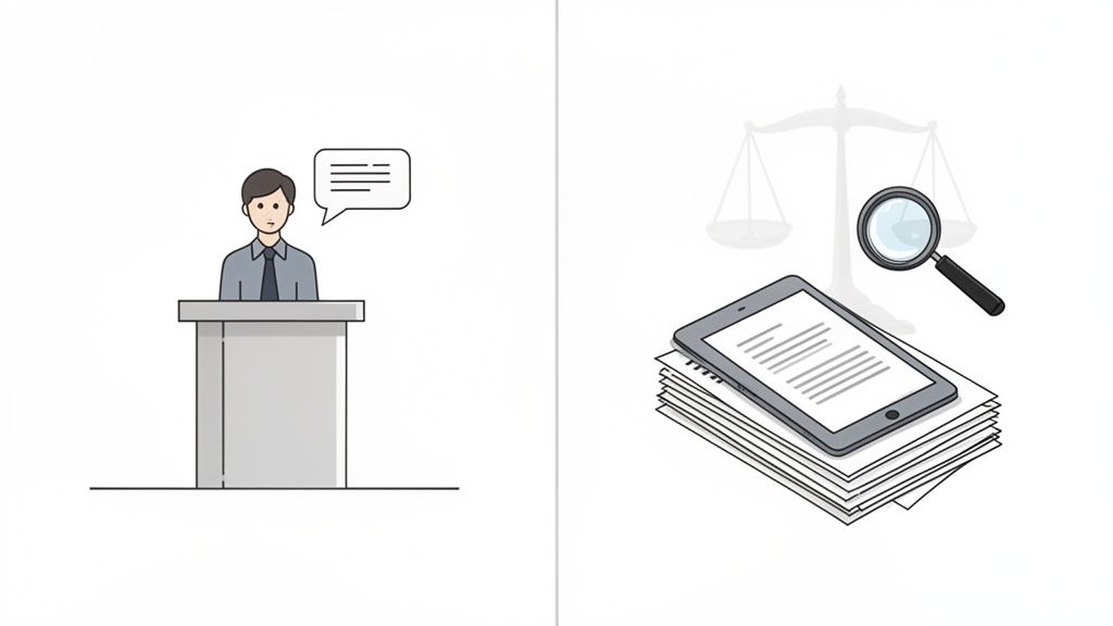 Illustration of a man speaking at a podium and legal documents with a magnifying glass and scales of justice.