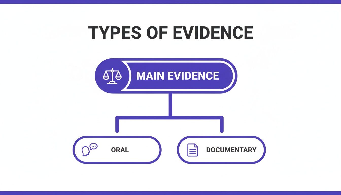A flowchart titled 'Types of Evidence' showing 'Main Evidence' branching into 'Oral' and 'Documentary' types.